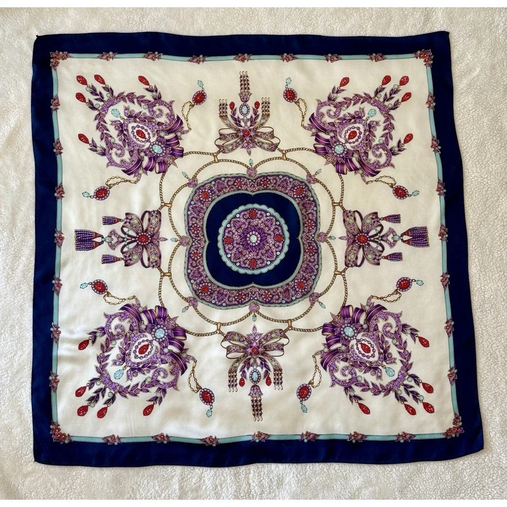 ECHO For Nordstrom Blue/Cream Gem/Jewels Square 100% Silk Scarf 35